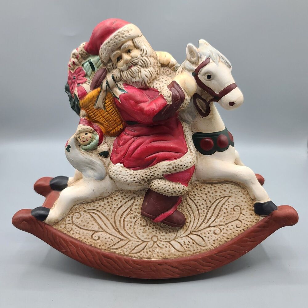 Vintage Santa On Rocking Horse Ceramic Music Box Holiday Christmas Decoration